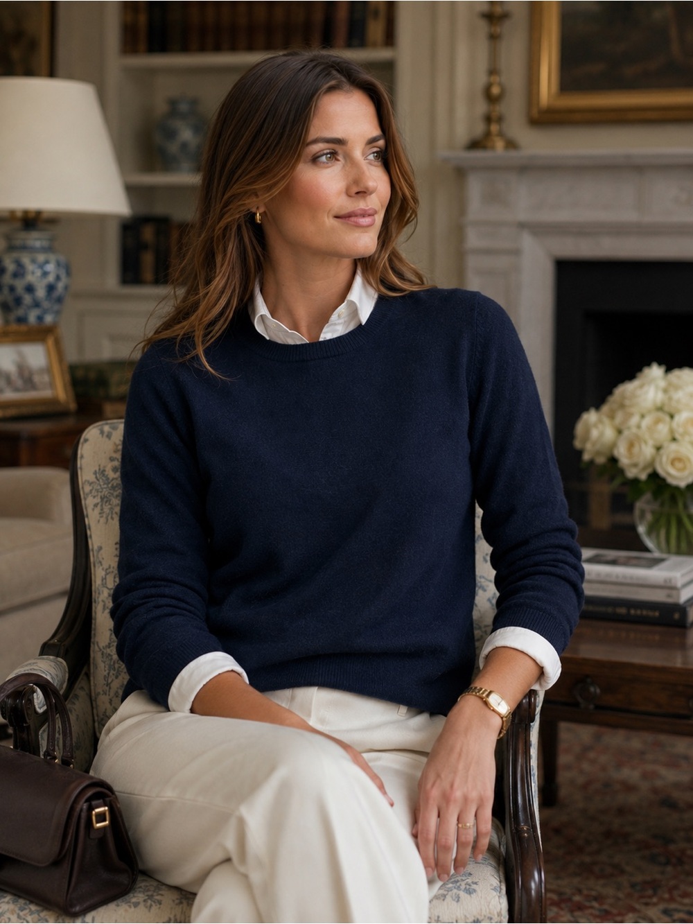 WoolOvers Navy Merino Wool Cashmere Crewneck Sweater L Quite Luxury Minimalist